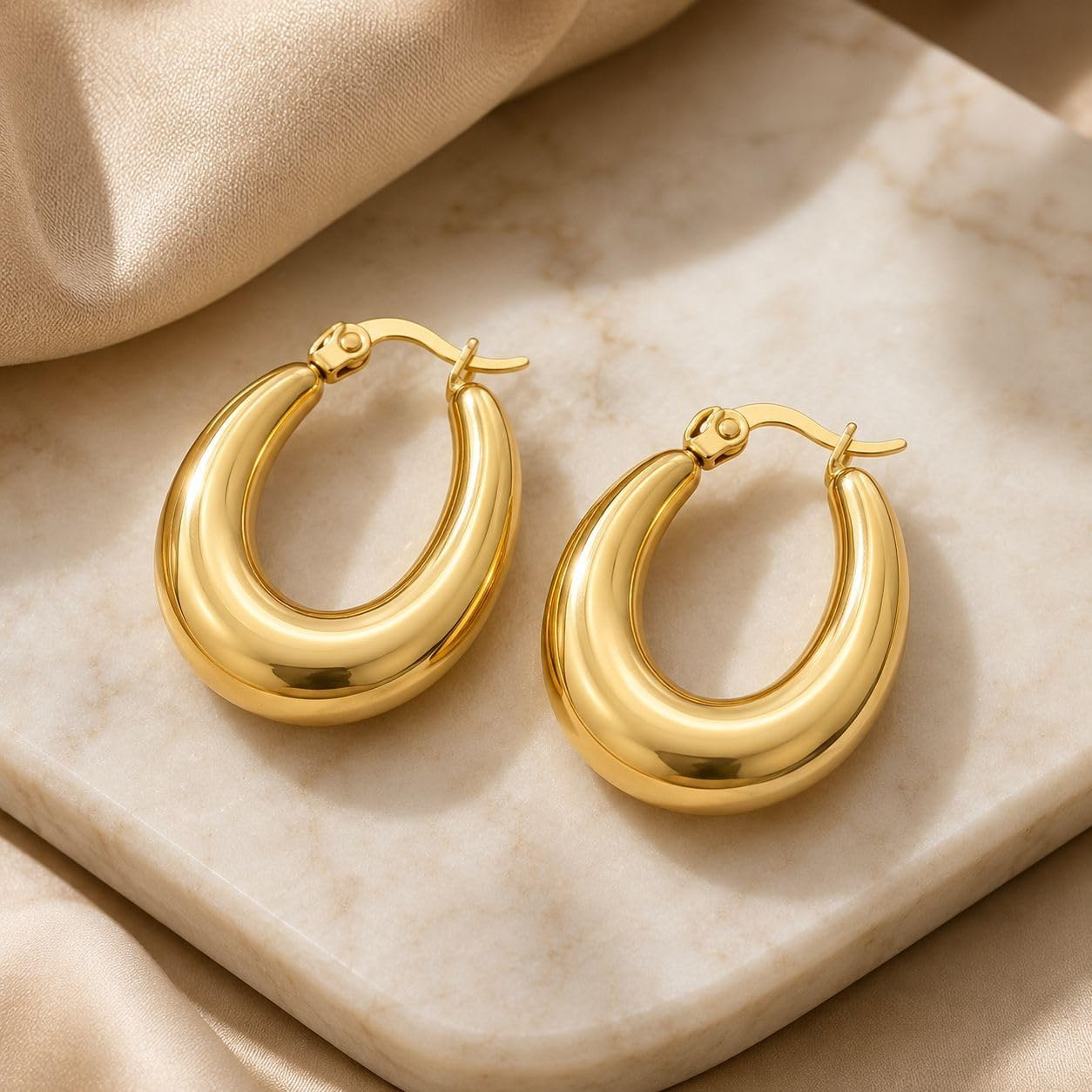 Gold Hoop Earrings for Women U Shaped 14K Gold Plated Stainless Steel Hoops Ligh