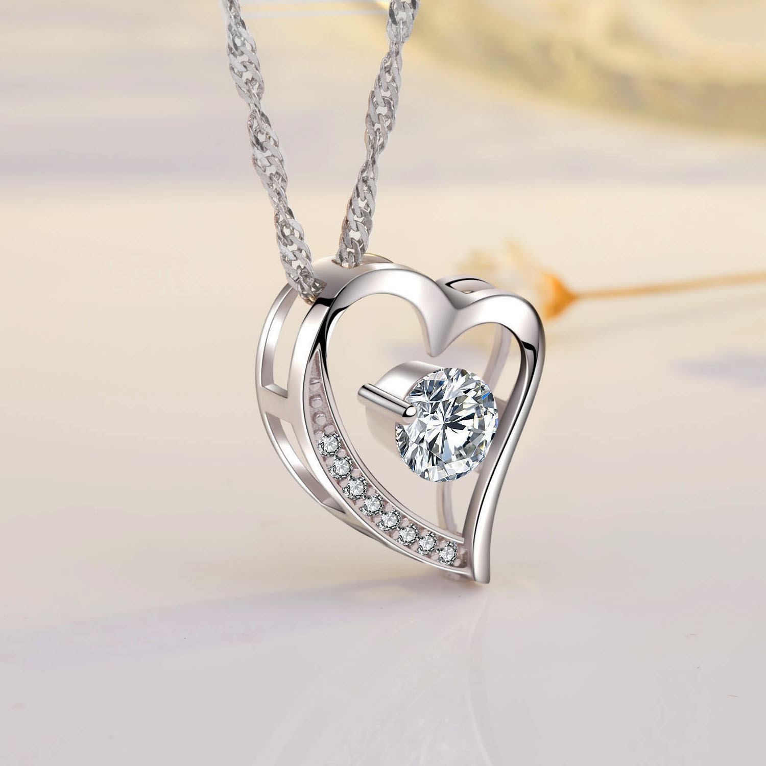 Women Necklace 14k White Gold Plated CZ Forever Lover Heart Pendant Necklace
