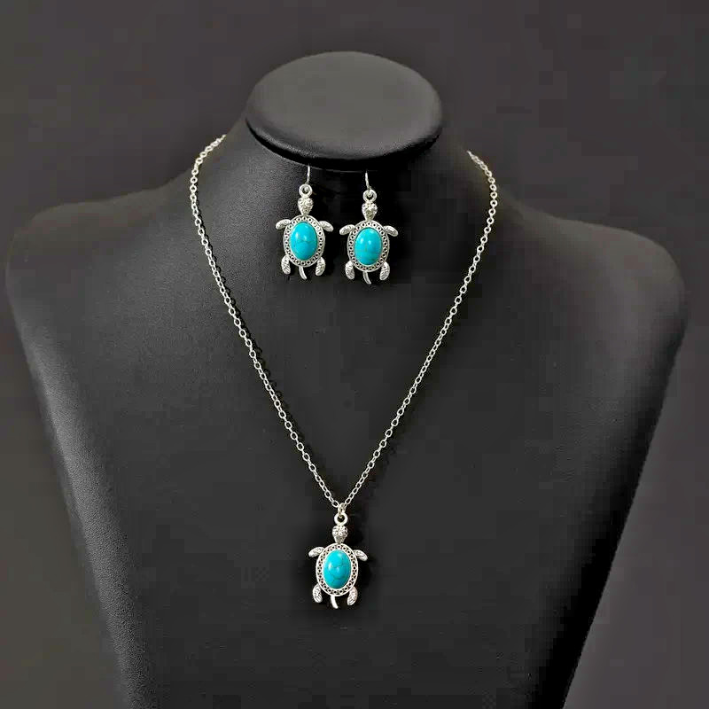 Silver Tone Turtle Necklace and Earring Set, Turquoise Stone, 16.5″ & Extender