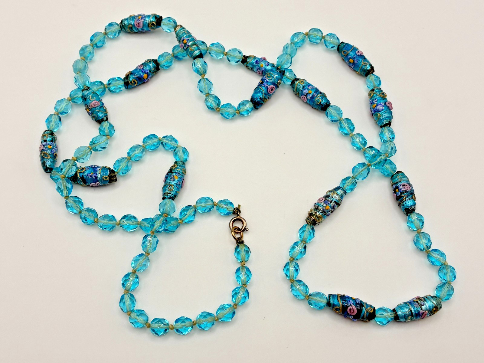 Antique Murano Venetian Glass Aqua Blue Wedding Cake Crystal Bead 39″ Necklace