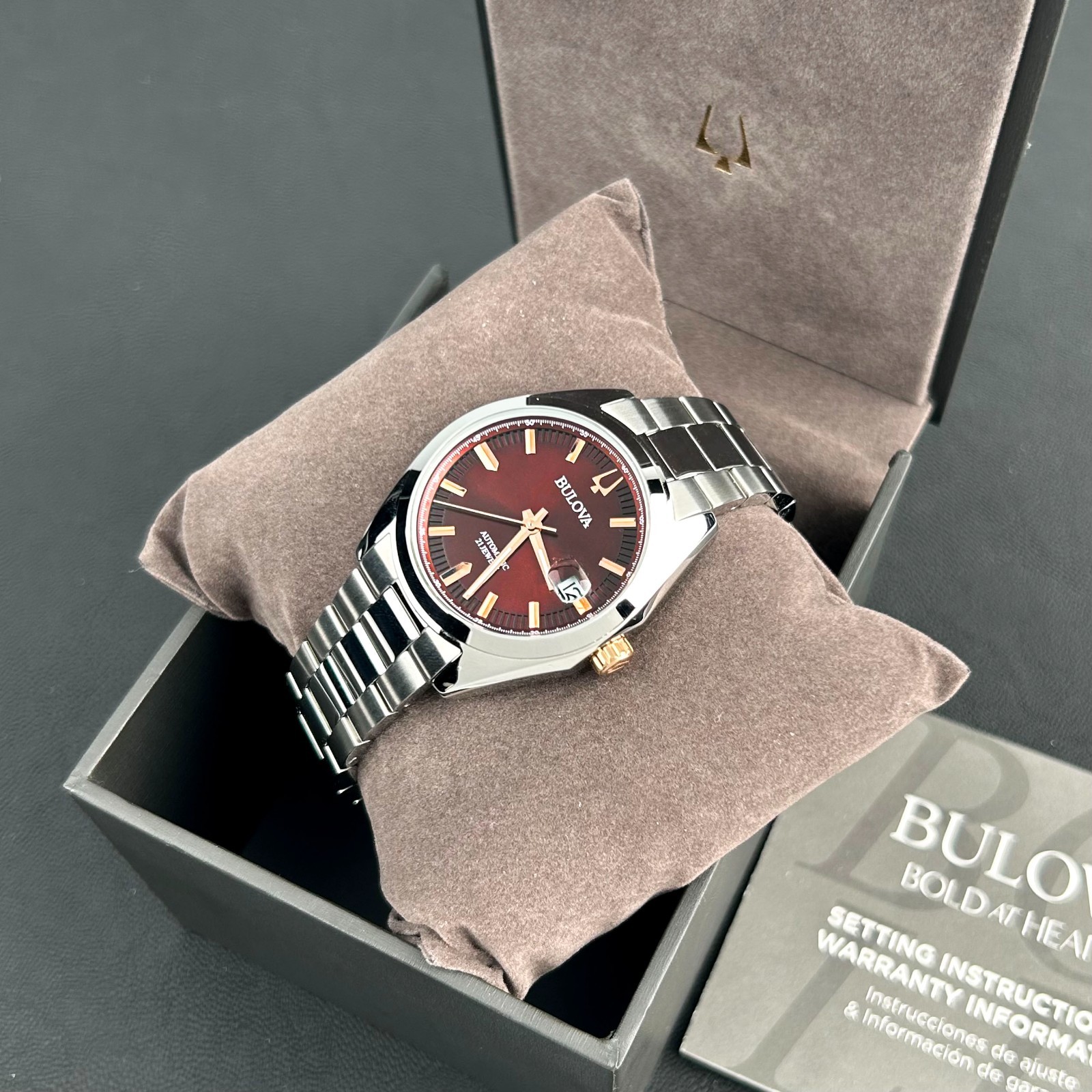 Bulova Surveyor 98B422 Automatic Red Dial Men’s Stainless Steel Watch 39MM