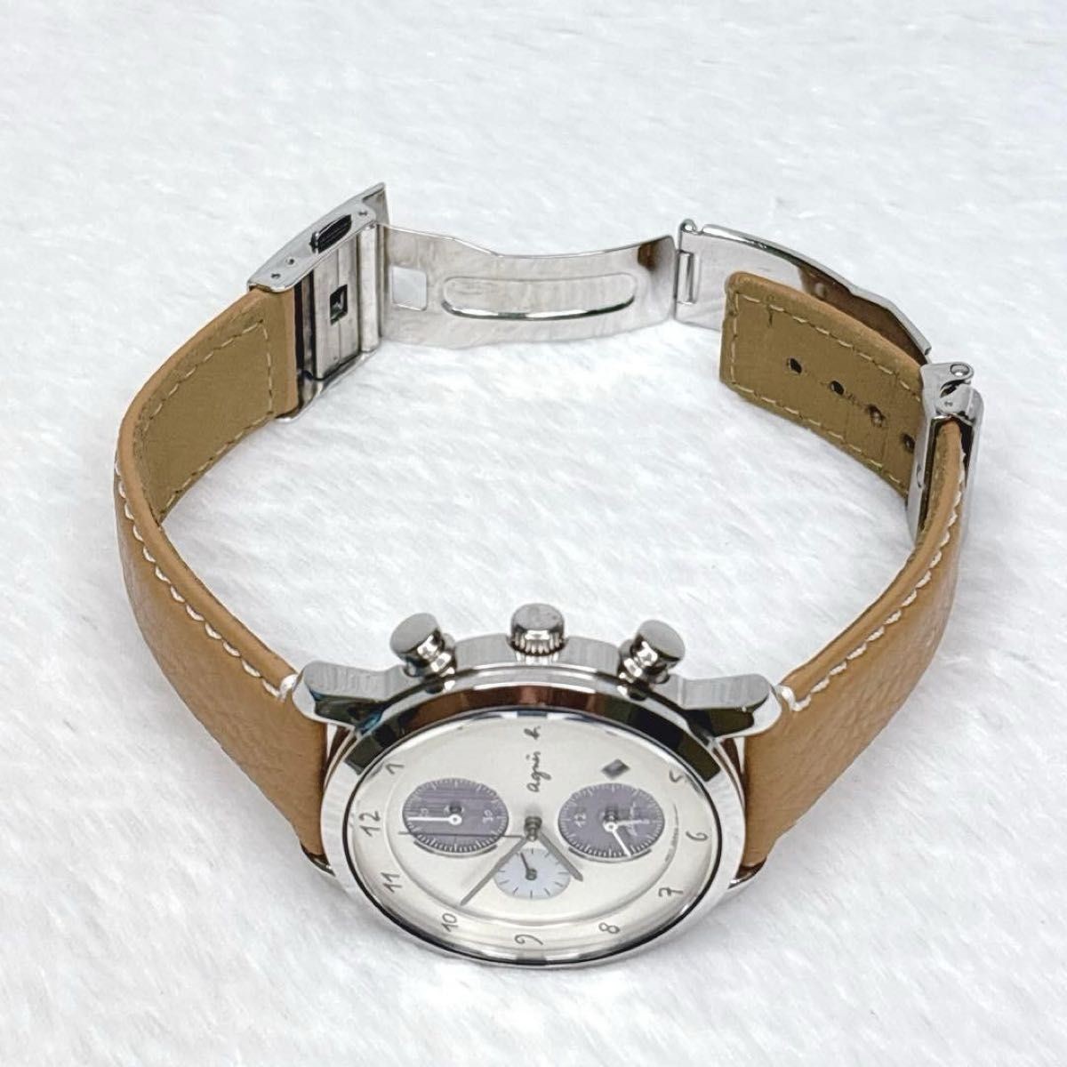 agnes b. SAM Solar Chronograph White Dial Men Leather Watch V172-0AW0