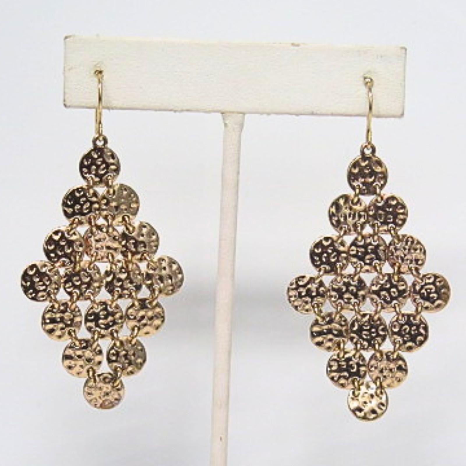 Gold Tone Hammered Disc Chandelier Dangle Earrings Fish Hook Boho Statement