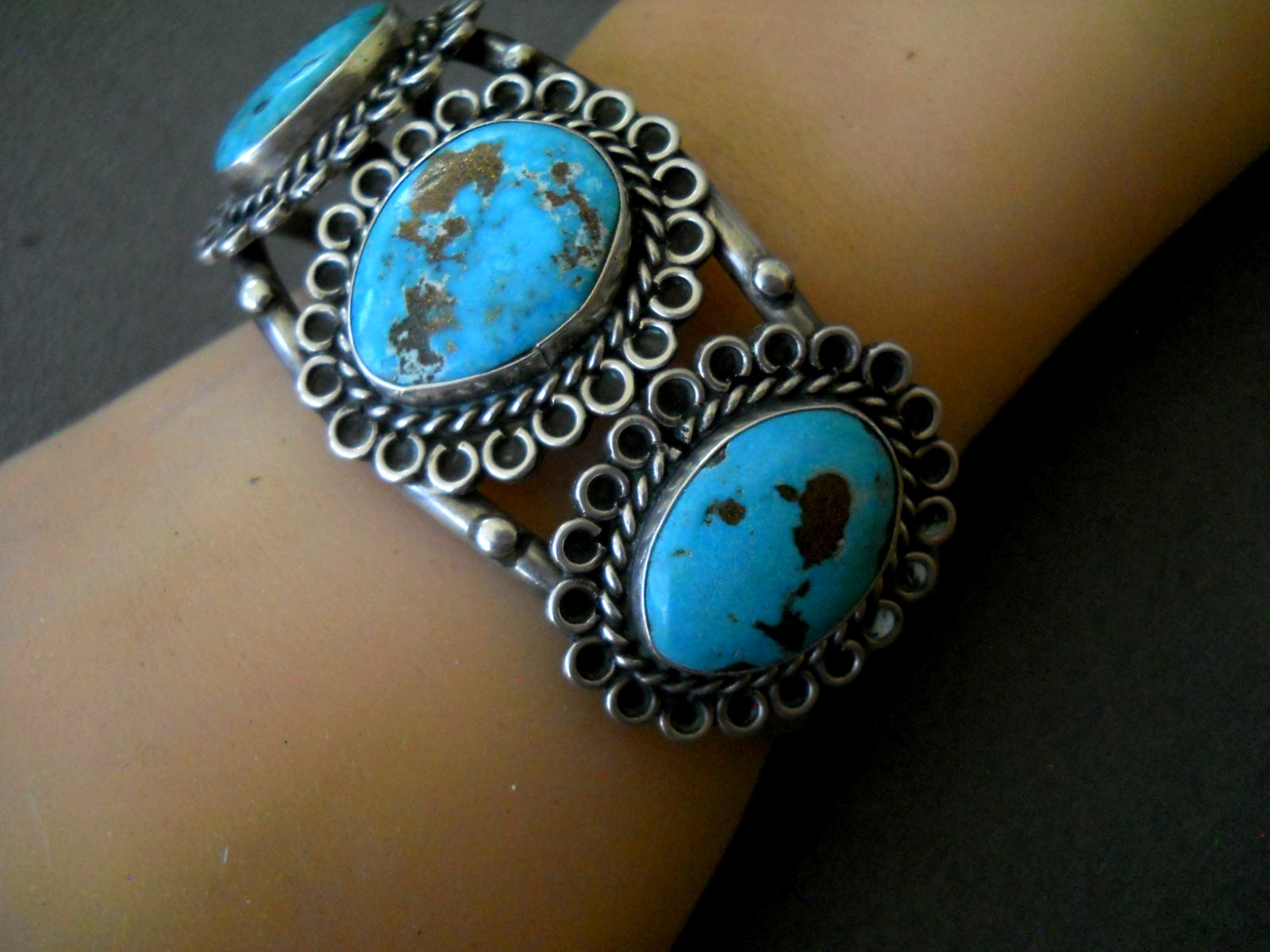 Native American Navajo Blue Turquoise w/Pyrite Sterling Silver Cuff Bracelet 40g