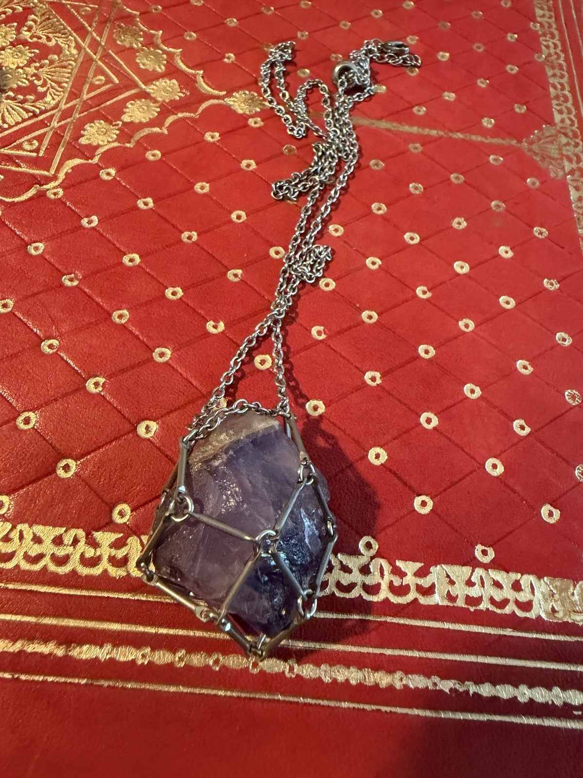 Silver Tone Cable Chain Necklace, Cage Pendant, Rough Purple Amethyst Stone