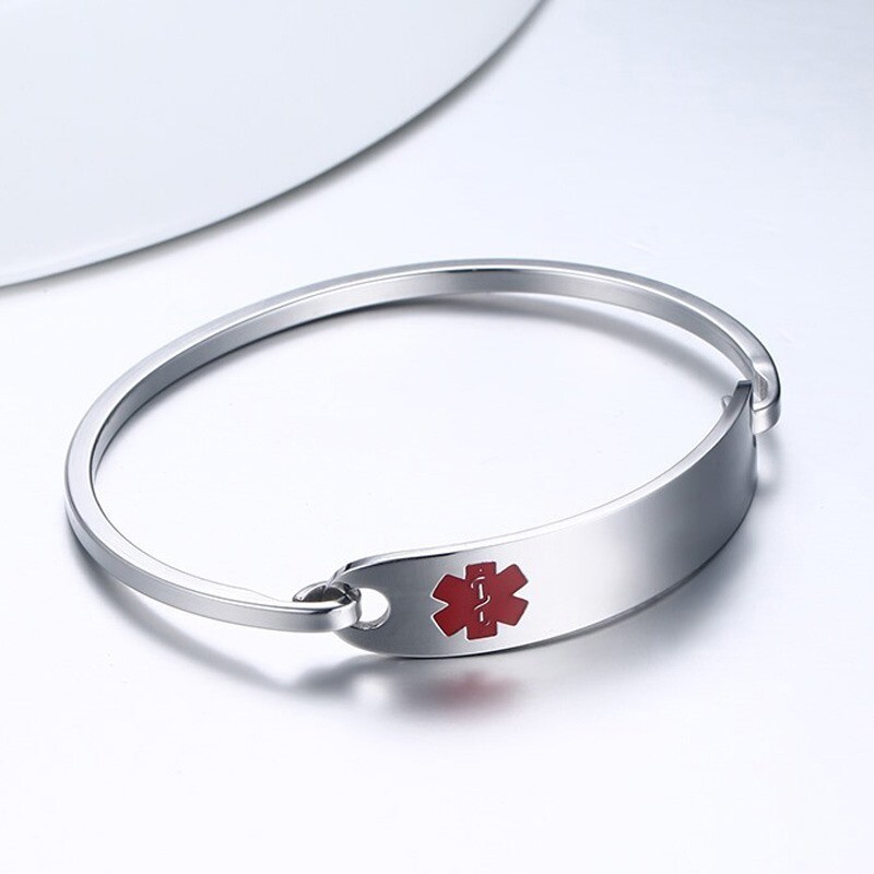 Emergency Women Medical Alert Bracelet Cuff Stainless Steel Daily Wear Safety