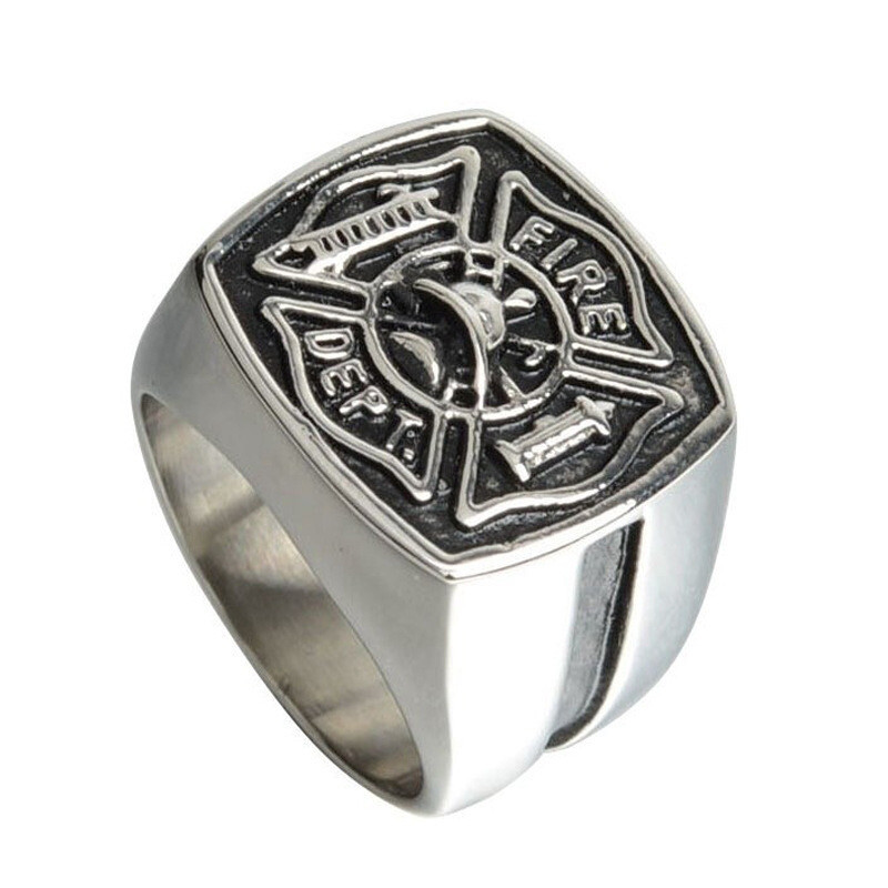 Men’s Personality Fire Polices Firelighter Trend Stainless Steel Rings Size 8-14