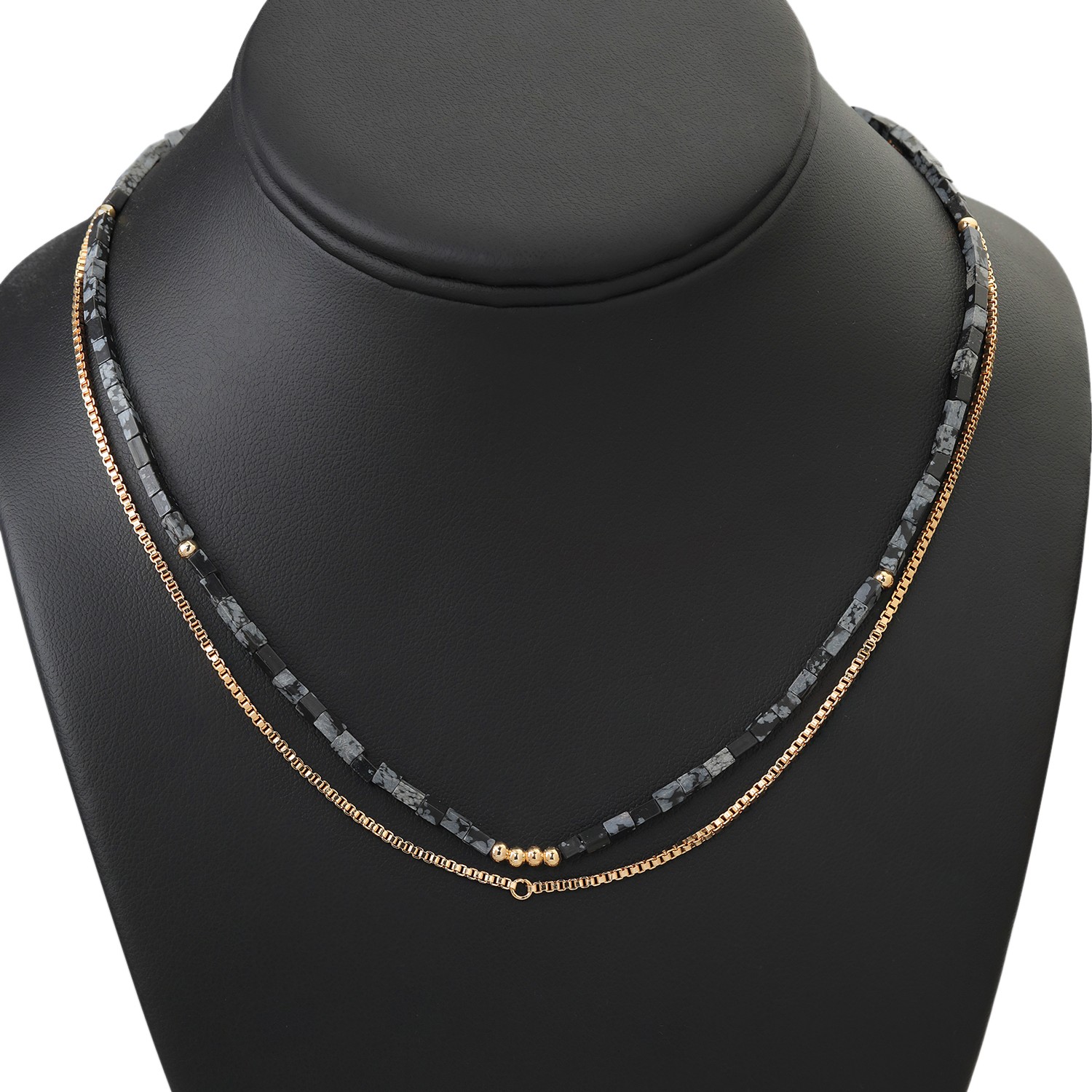 18K Yellow Gold Plated Double Black Gray Beaded Chain Layering Necklace For