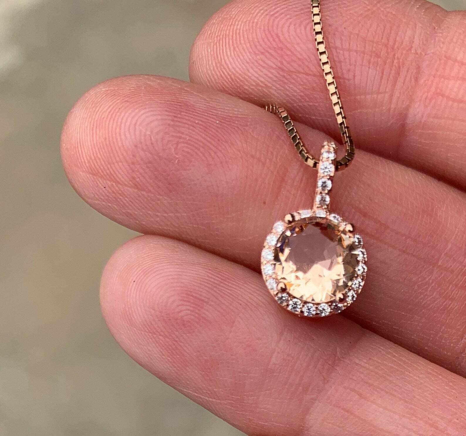 2Ct Round Cut Morganite Diamond Halo Pendant 14K Rose Gold Finish 18″ Free Chain