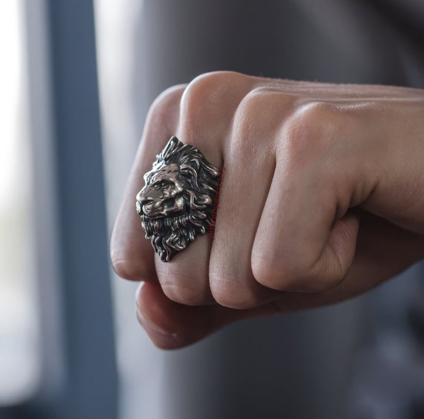 Men’s Lion Head Ring Oxidized 925 Sterling Silver Bold Statement Biker Jewelry