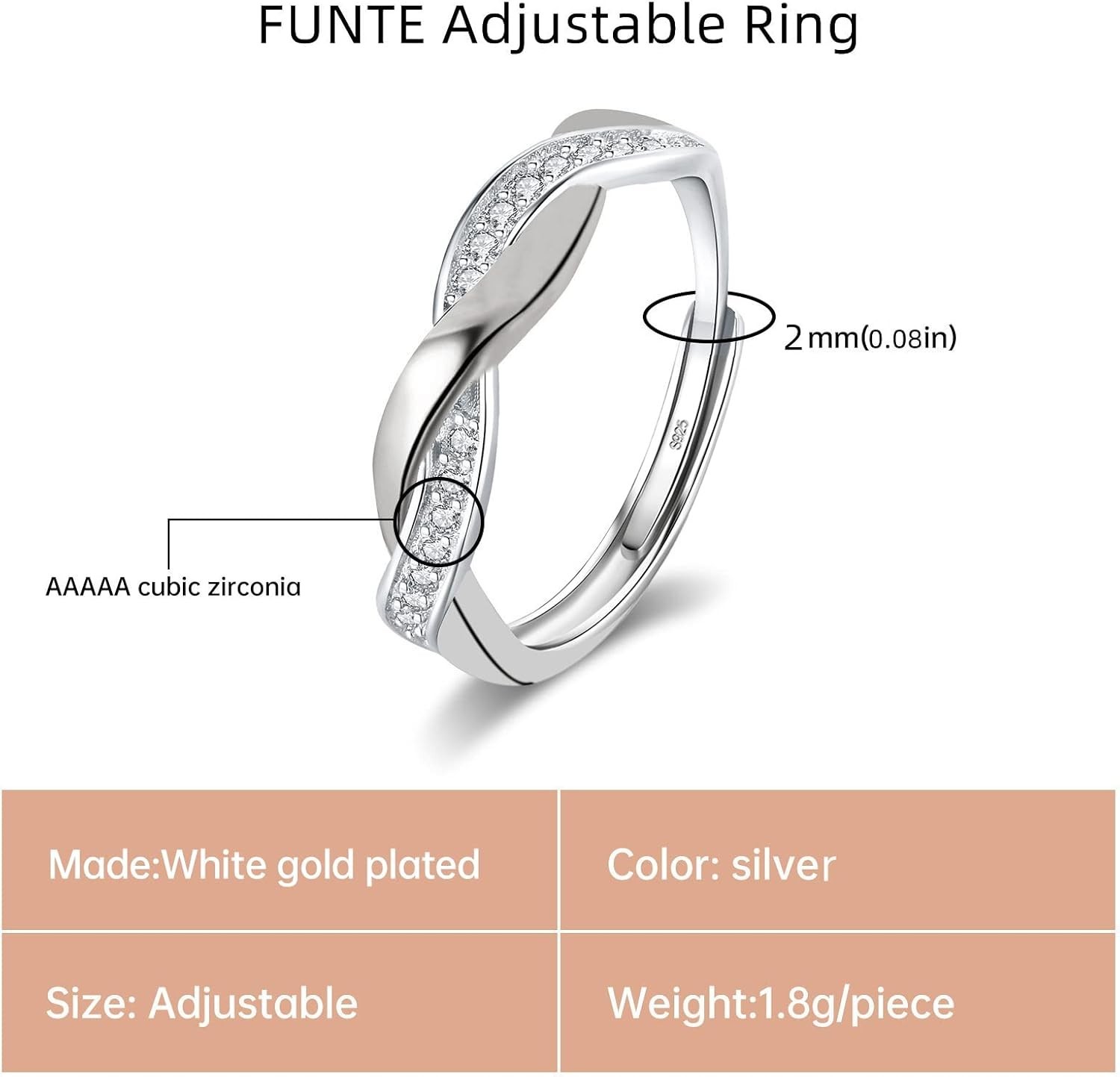 Elegant Adjustable 925 Silver Plated Ring – Cubic Zirconia Gift Box Included