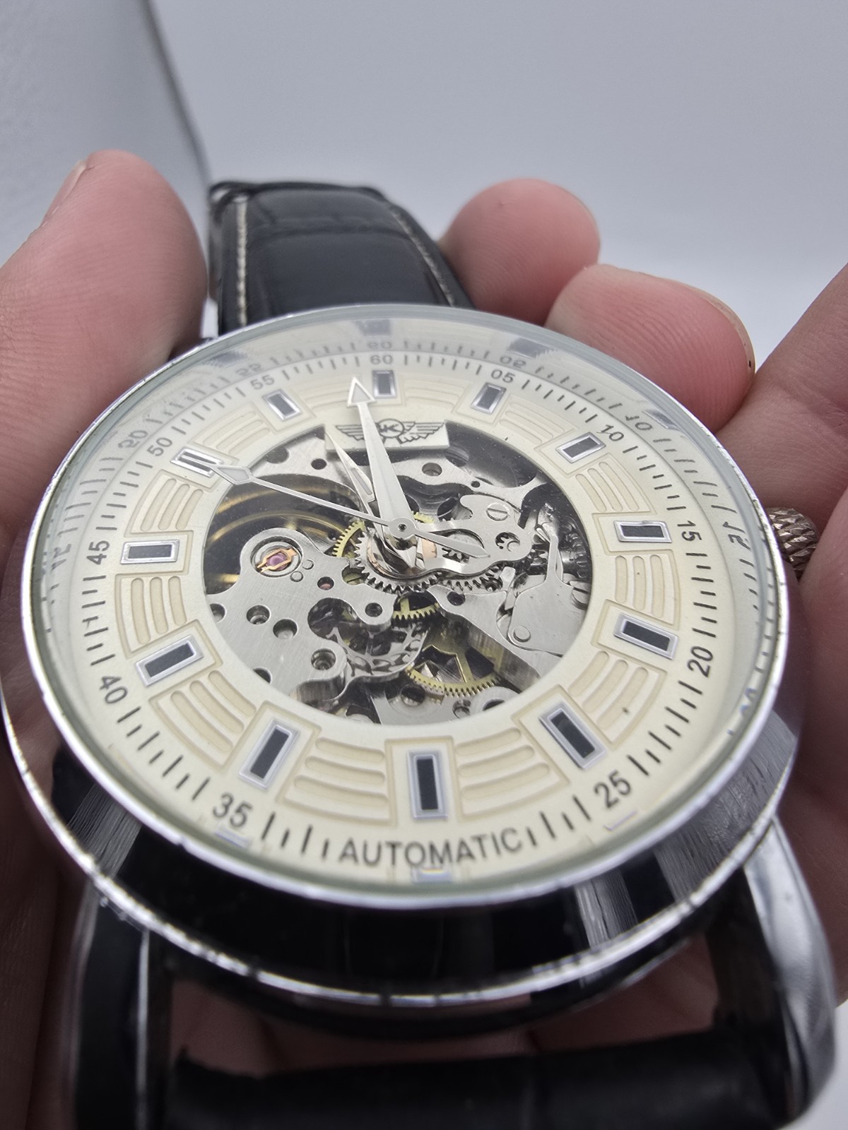 Automatic Skeleton Dial Watch Silver Tone SS Case Black Leather Strap Exhb Cbk