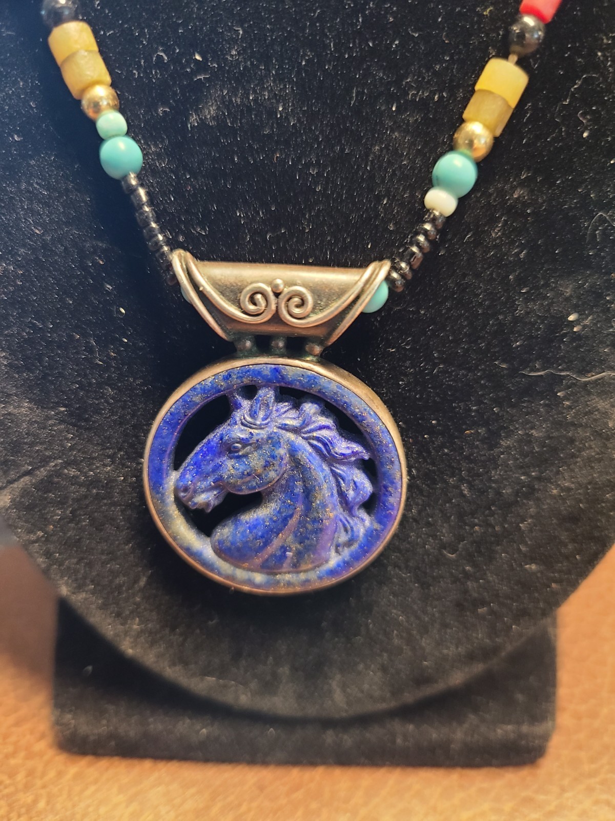 Vintage Sajen 14K Sterling Lapis Lazuli Turquoise Coral Horse Pendant Necklace