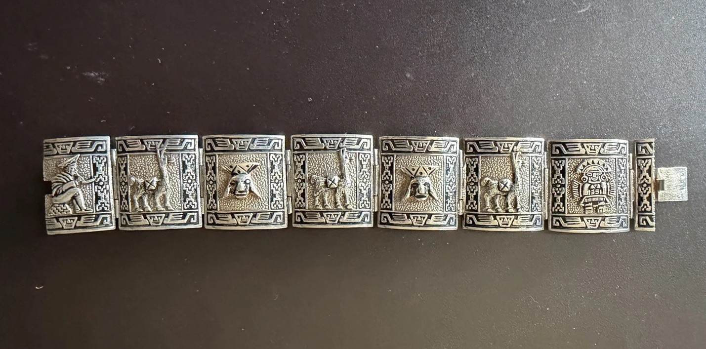 Silver Peruvian Panel Bracelet, 7 Inches Long With Engraved Designs