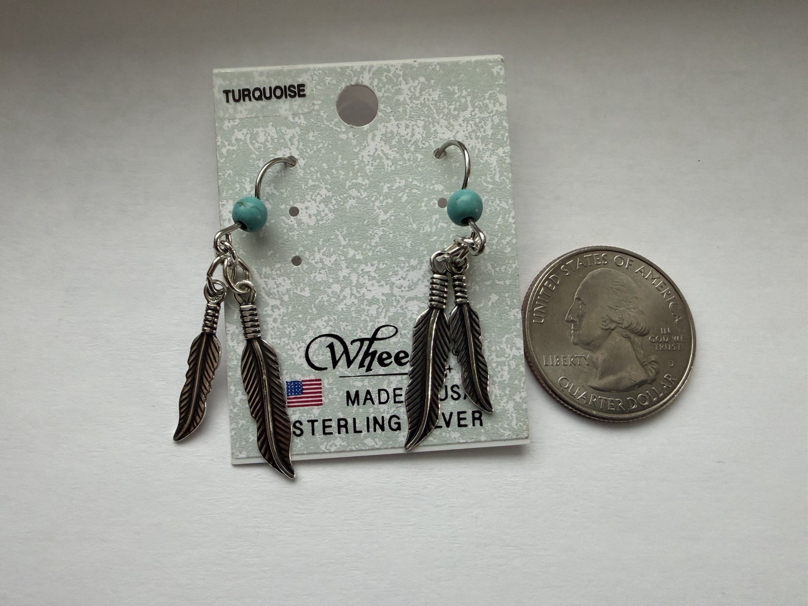 Vintage Wheeler Mfg Turquoise Sterling Silver 925 Feather Dangle Earrings
