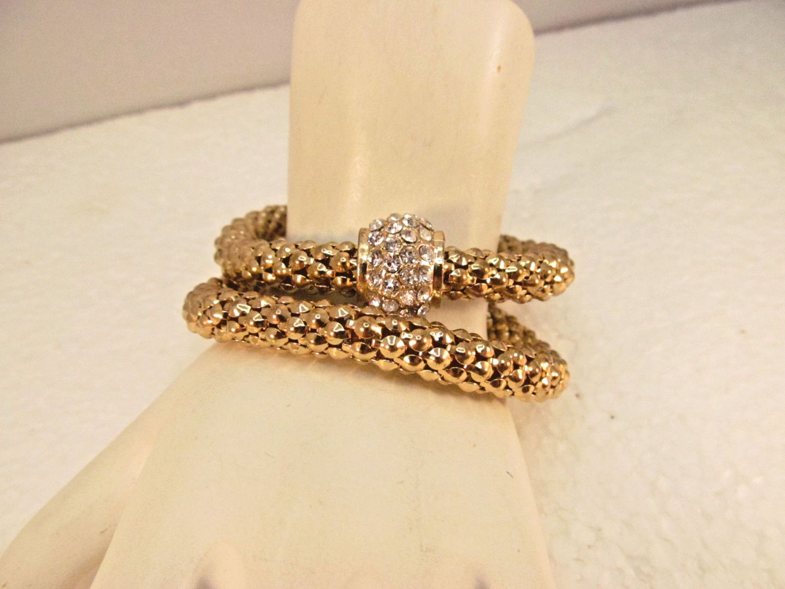 Gold Tone Stretch Metal Mesh Tube Rhinestone Bracelet 2 Piece Lot