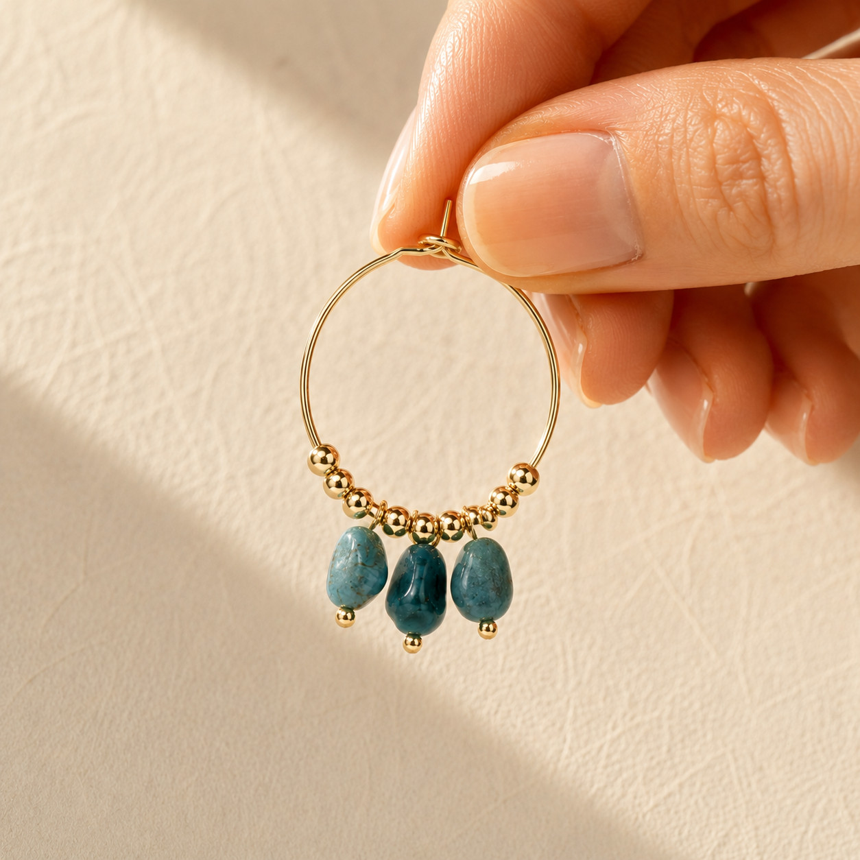 Natural Blue Apatite Drop Hoop Earrings | 18K Gold Plated | Focus & Clarity