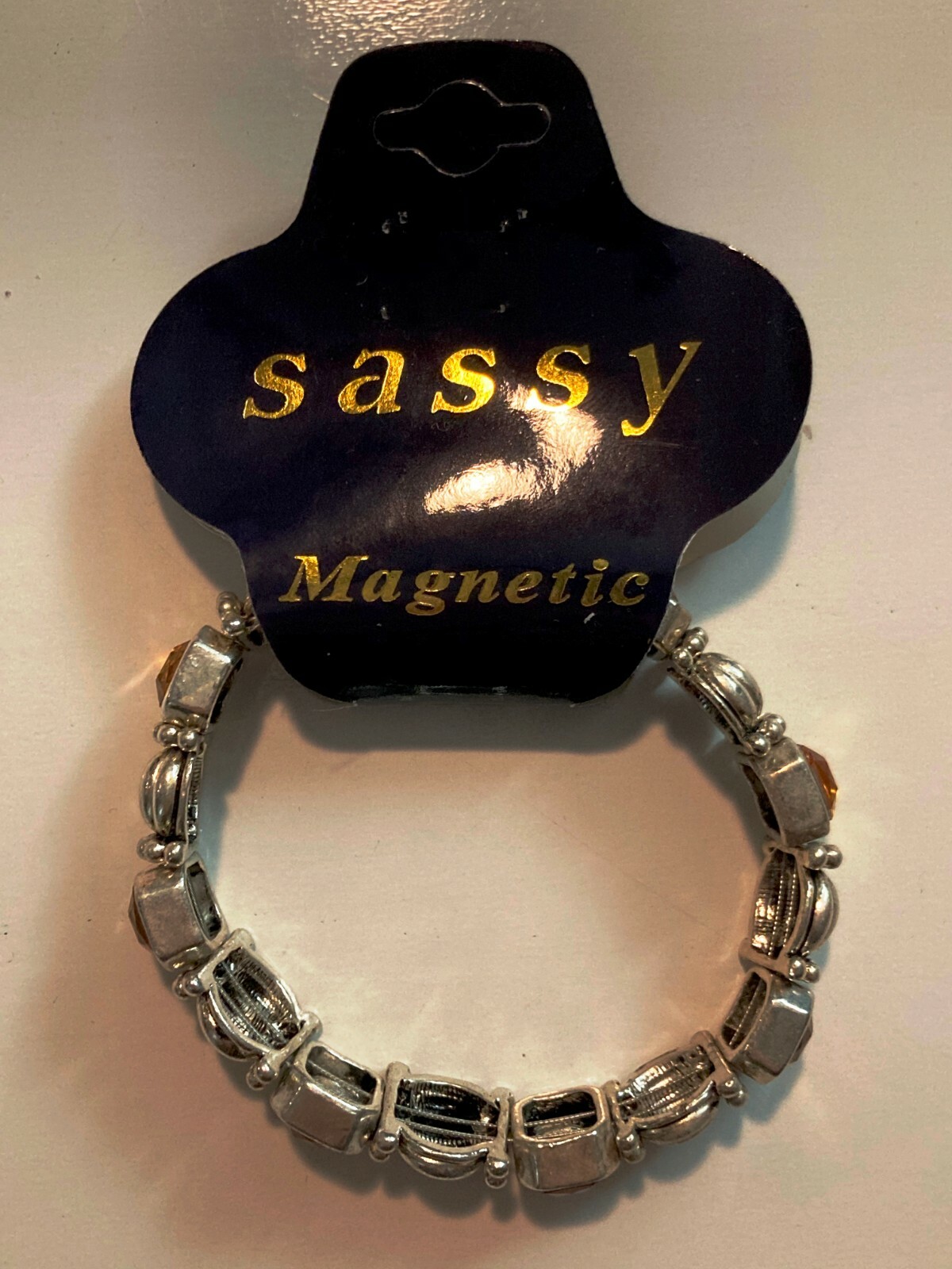 Silvertone Metal Link Bracelet Amber Faux Stones Magnetic Clasp Closure NEW