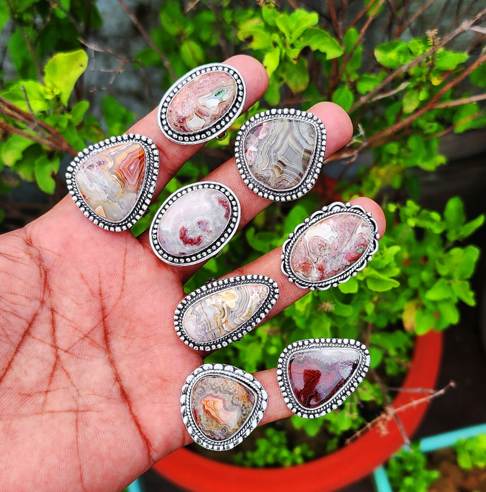 Natural Crazy Lace Agate Gemstone Handmade Rings Jewelry For women