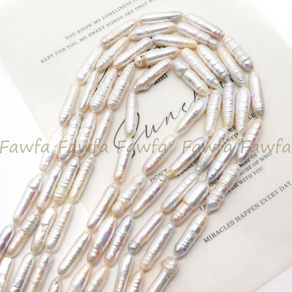 Natural 6x26mm Unique White Freshwater Baroque Long Biwa Pearl Loose Beads 15”