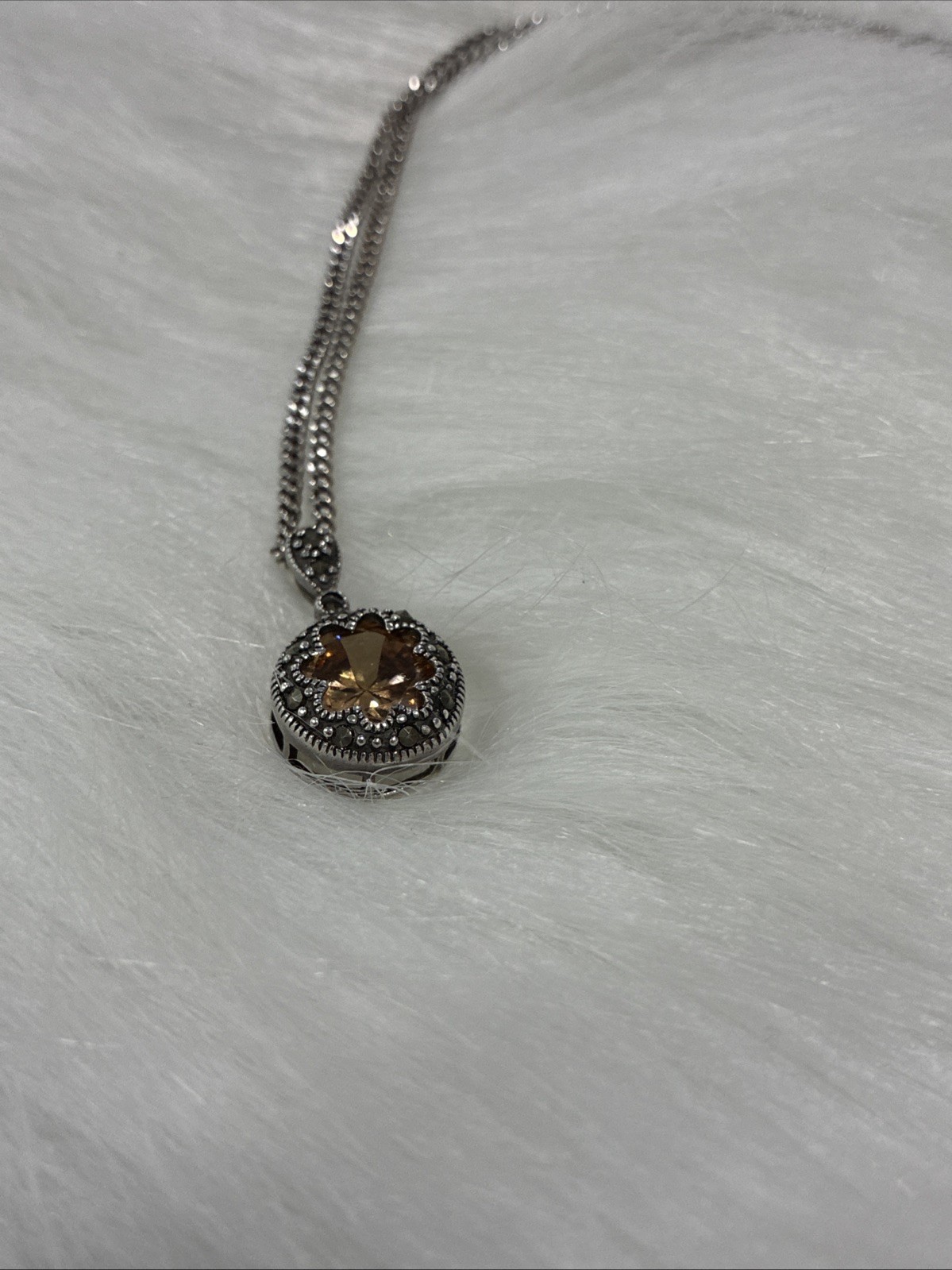 925 Italy Sterling Silver Curb Chain Peach Halo Black Marcasite Pendant Necklace