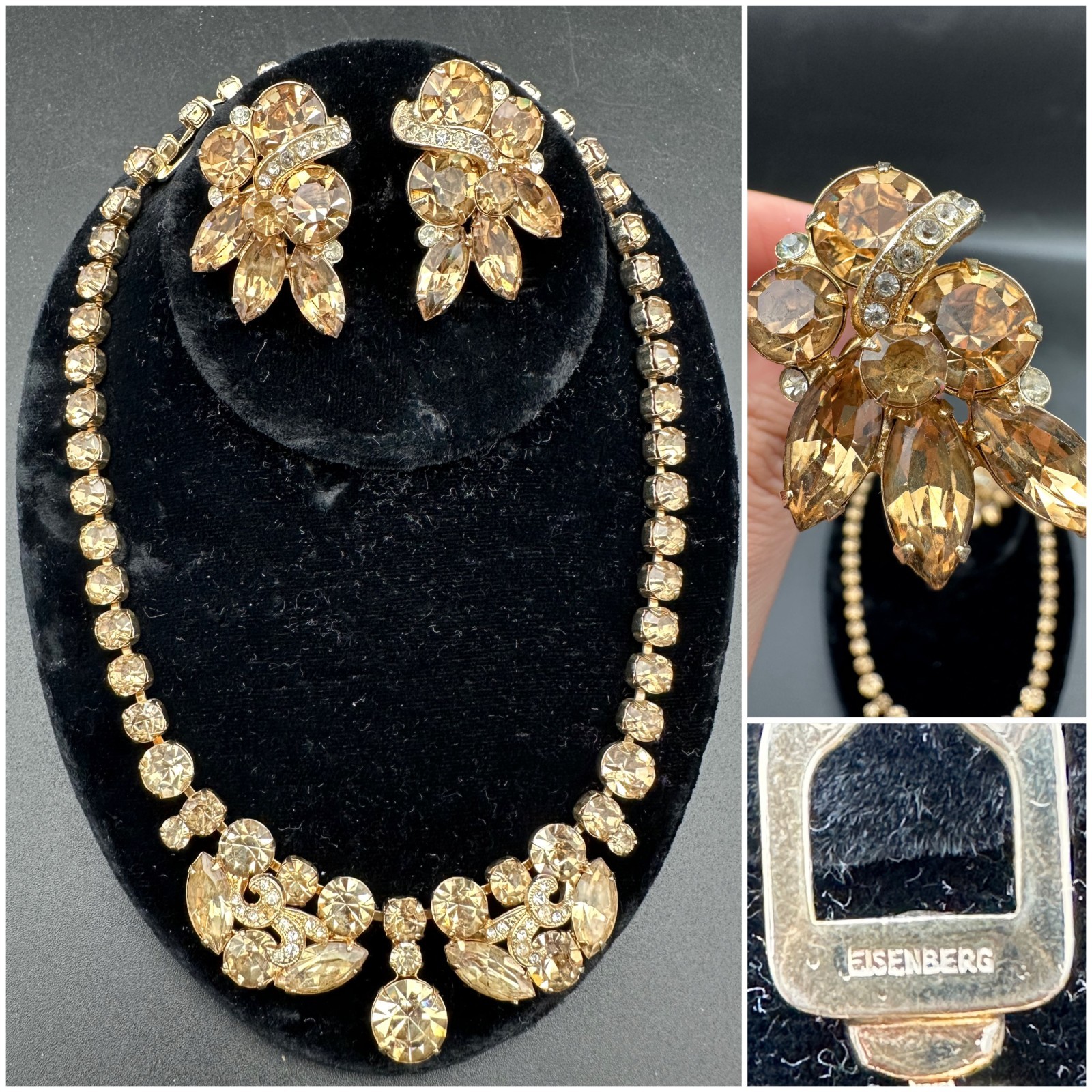 Vintage 1940s-1950s EISENBERG Gold-tone Choker Necklace 3 Piece Set Jewelry
