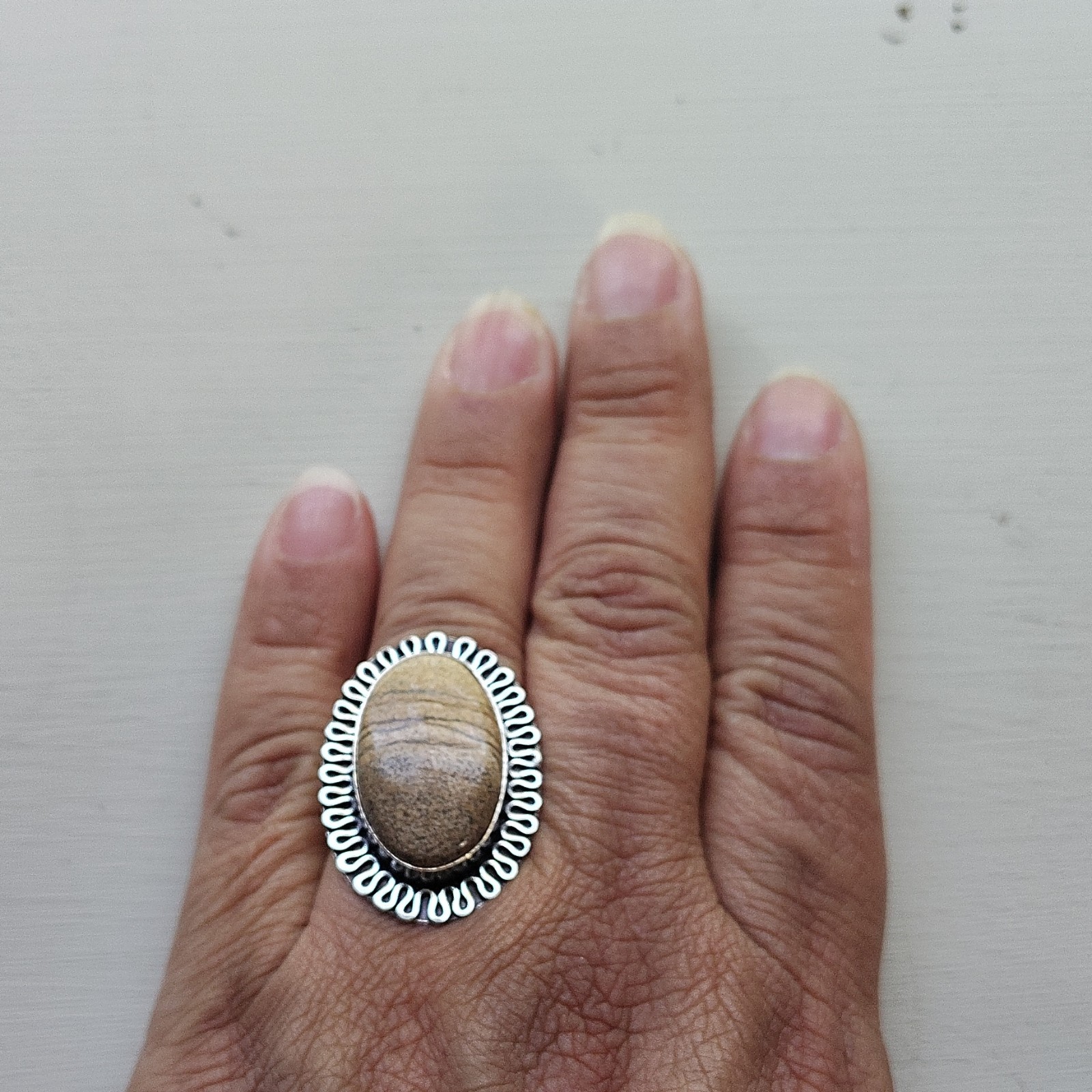 Silver Oval Brown Stone Bezel Set Statement Ring Signed