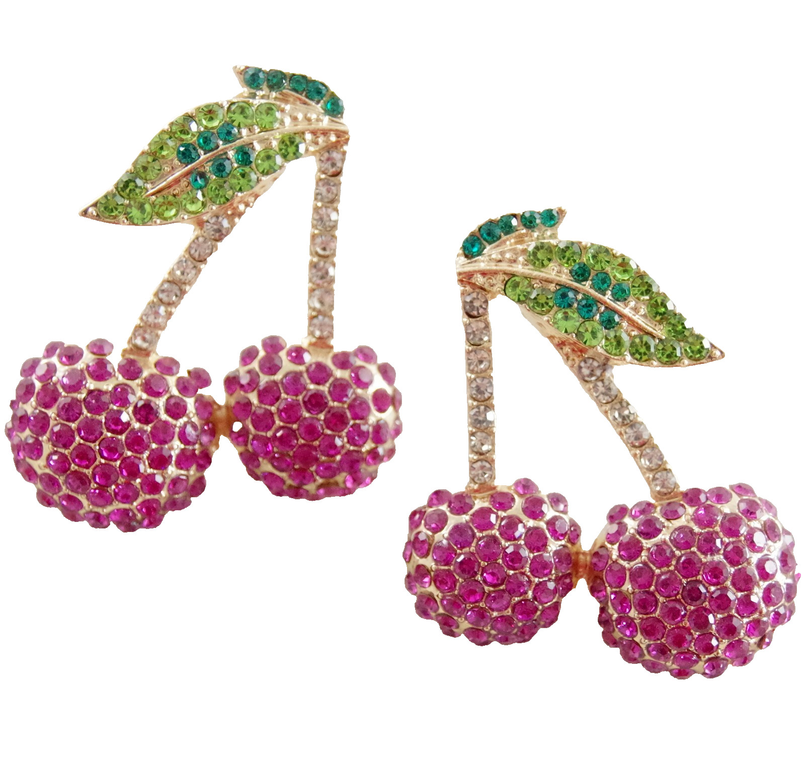 1 5/8″ NWOT BETSEY JOHNSON CRYSTAL RHINESTONE CHERRY FRUIT/ CHERRIES EARRINGS