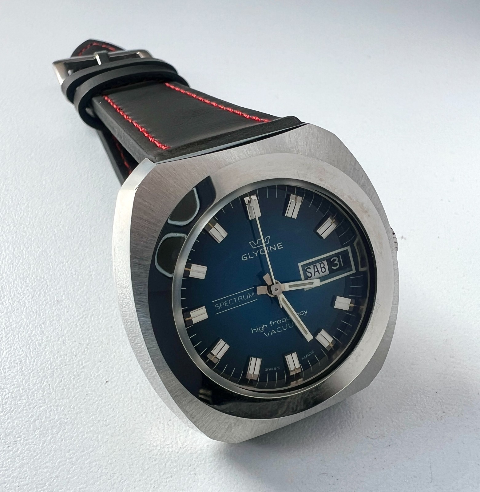 Glycine High Frecuency Automatic Watch Vintage Men Spectrum Vacuum Blue Dial NOS