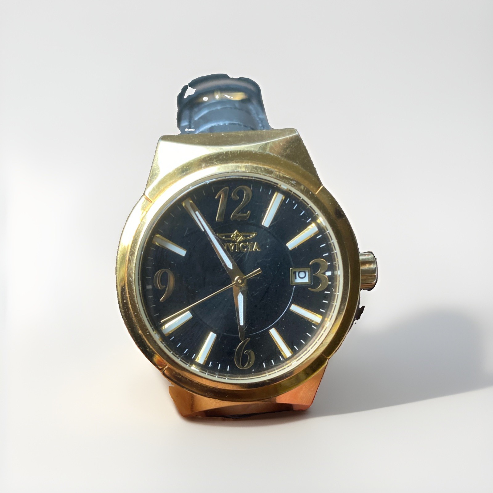 Invicta angel Women’s Gold Tone Black Dial Leather Band Quartz Watch Date