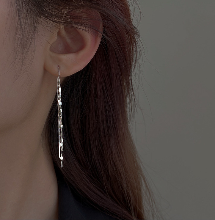 2Pcs 925 Silver Plated Threader Earrings Dainty Chain Tassel Drop Earrings TH1