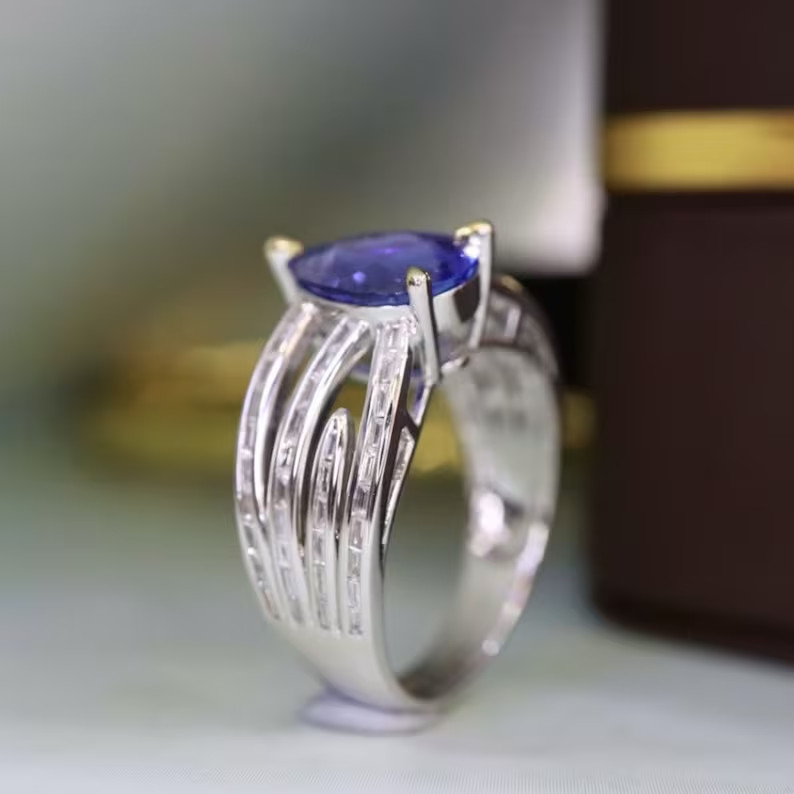 4.70Ct Pear Cut Natural Tanzanite & Diamond Real 950 Platinum Luxurious Ring