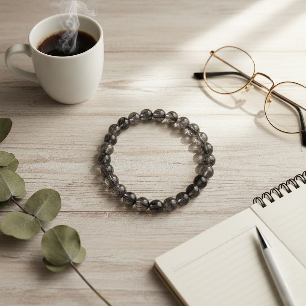 Natural Black Stone Beaded Bracelet – 7mm – 16cm Wrist – Stretch Fit – Unisex