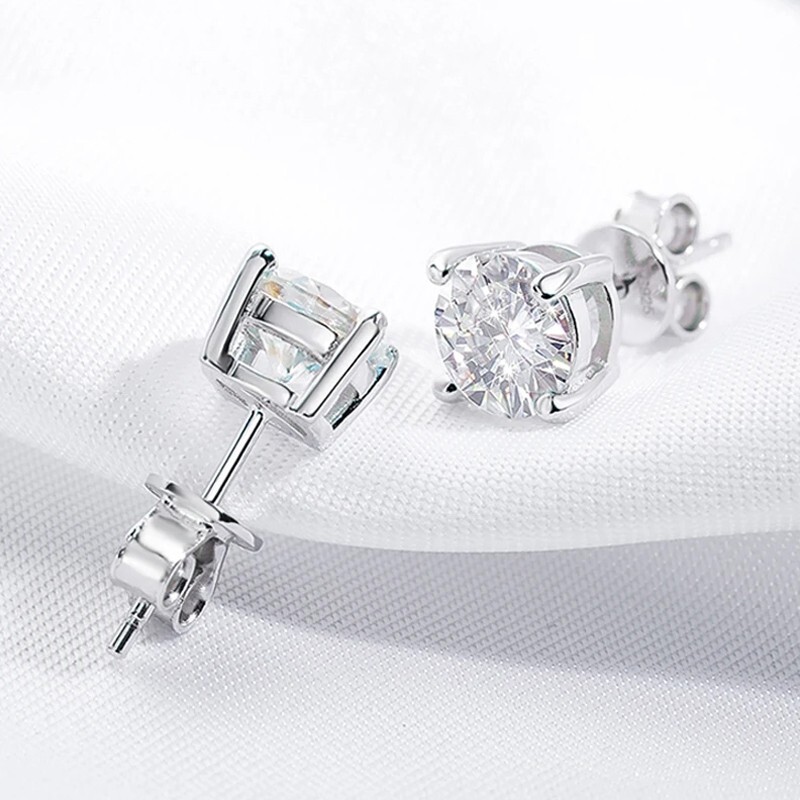 0.1-3ct Round Moissanite Stud Earrings Men Women Hip Hop 18K White Gold Plated
