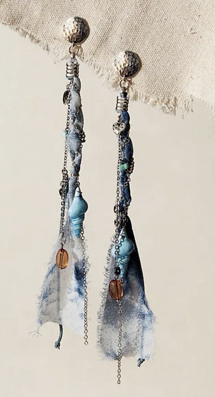 Free People Clearwater Dangle Earrings Charms Shells Ribbon Indigo NWT
