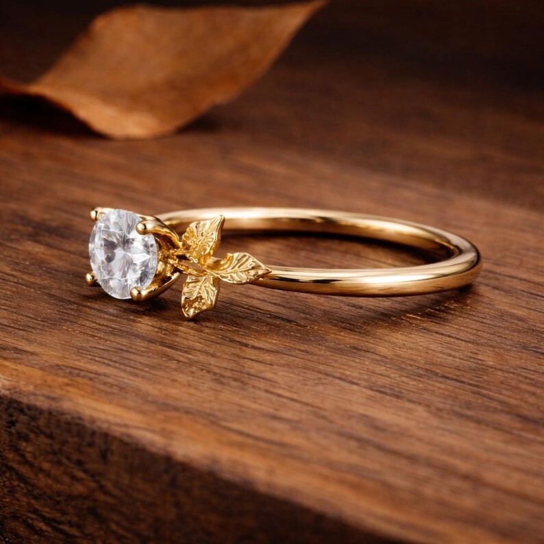Nature Inspired Round Moissanite Ring Stackable Leaf Style Anniversary Gift Her