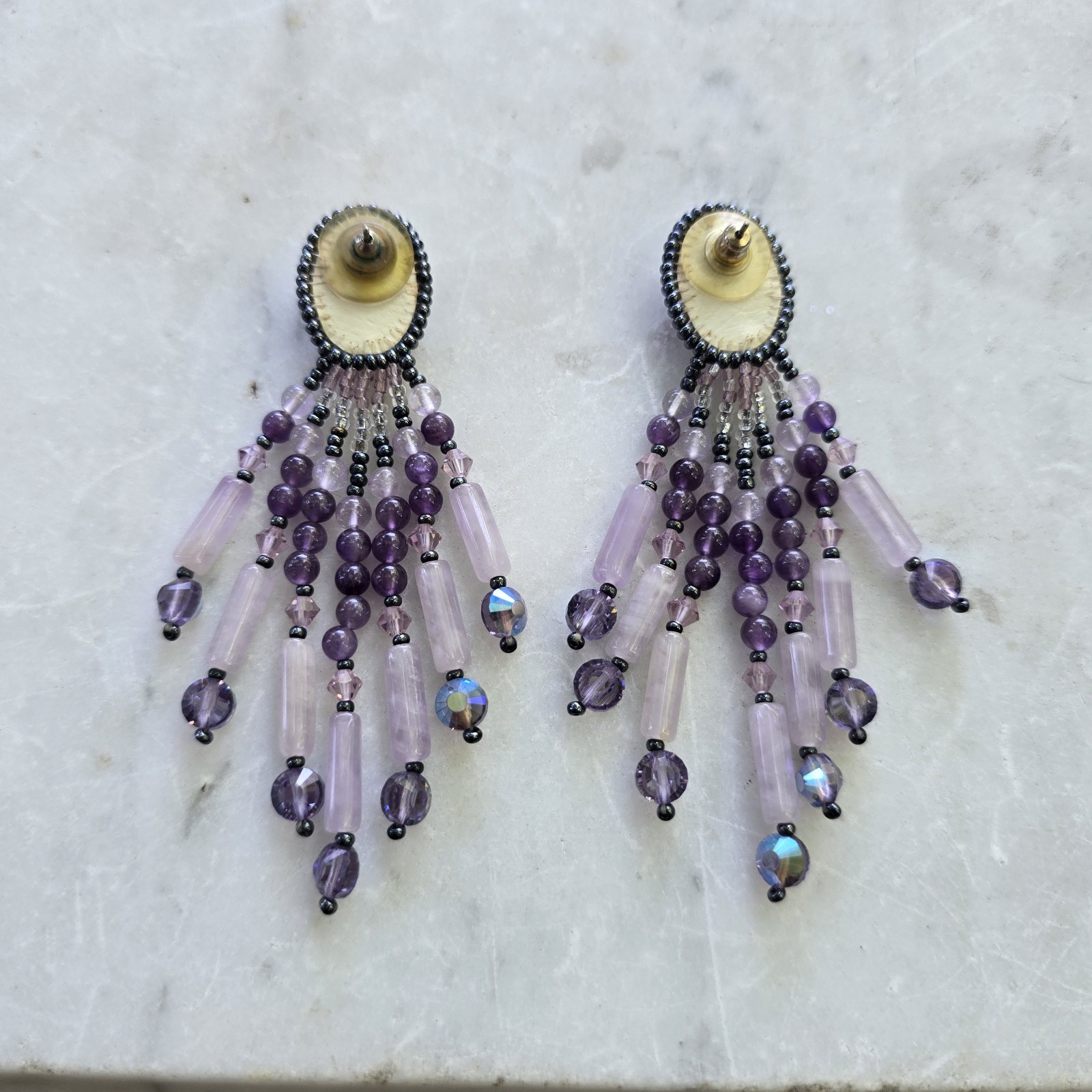 Vintage Chipita Purple Dangle/Lavander Beaded Earrings Pierced (Unsign)