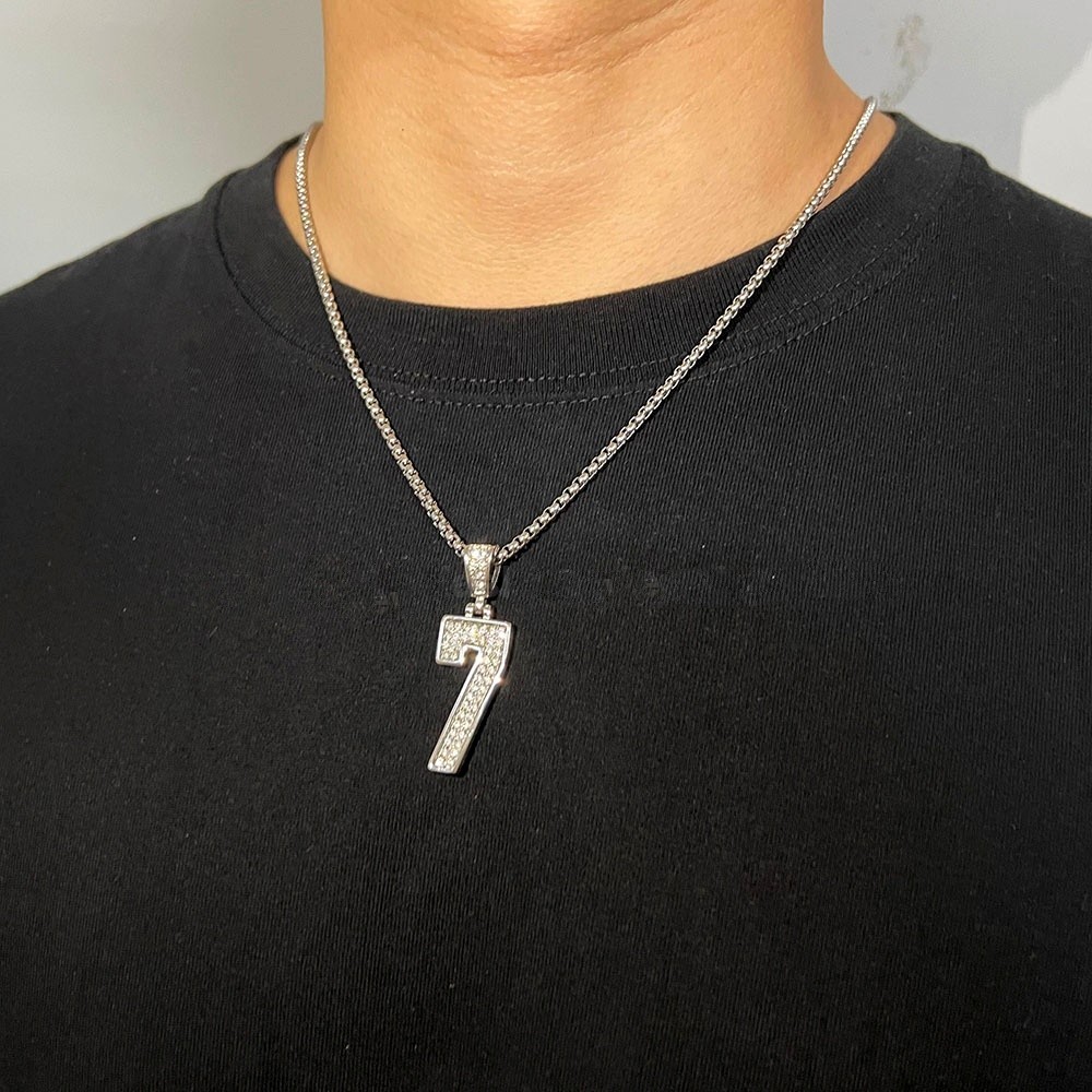 Hip Hop Iced CZ Bling Lucky Number 7 10 Pendant Necklace Chain Men Women Jewelry