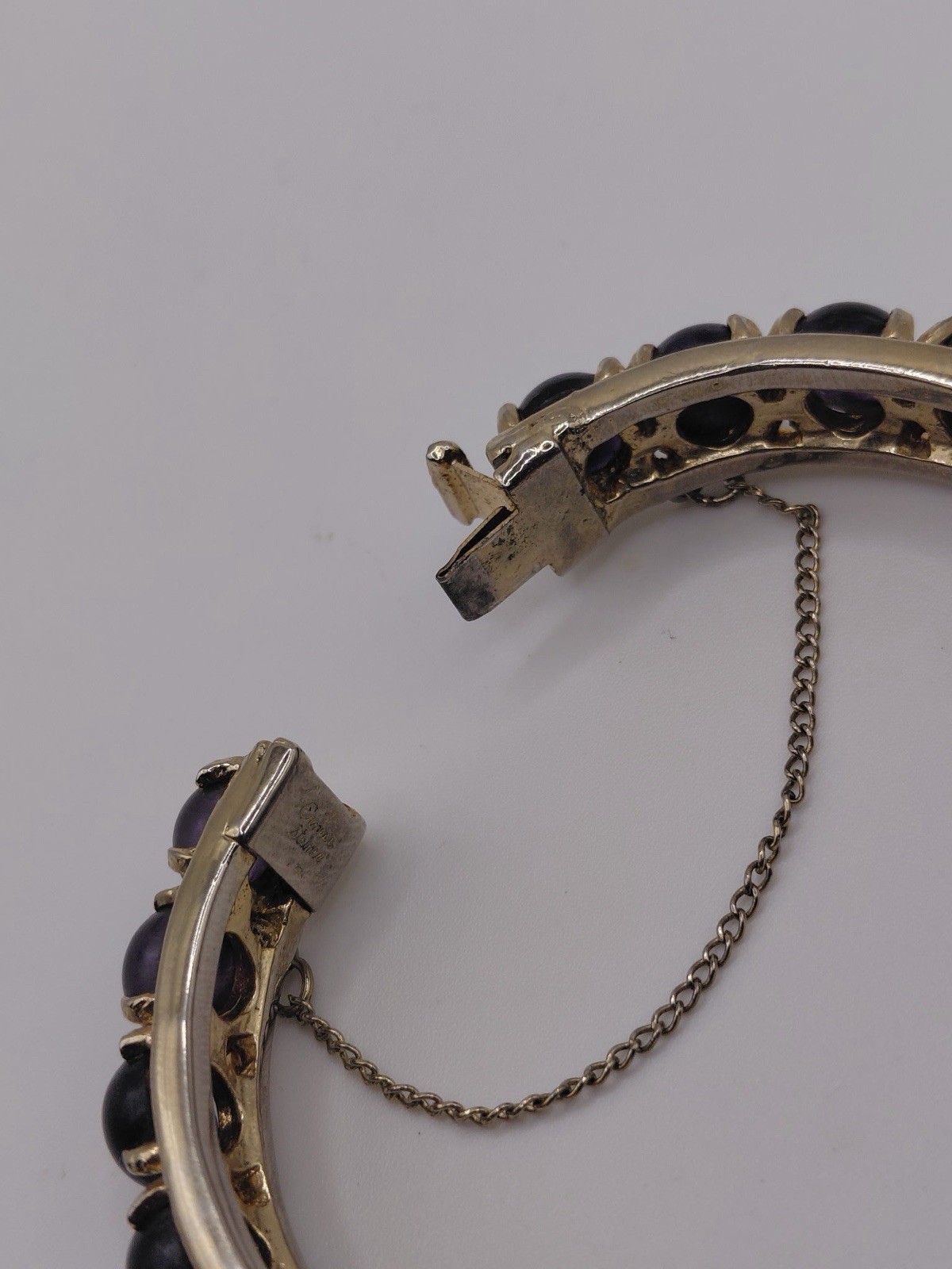 Ernest Steiner Vintage Cabochon Faux Onyx Bangle Bracelet-Safety chain