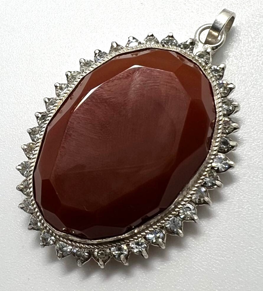 Handmade 925 Silver Pendant with Agate & Cubic Zirconia – Unique XXL Large