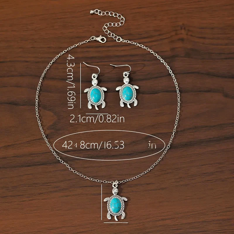 Silver Tone Turtle Necklace and Earring Set, Turquoise Stone, 16.5″ & Extender