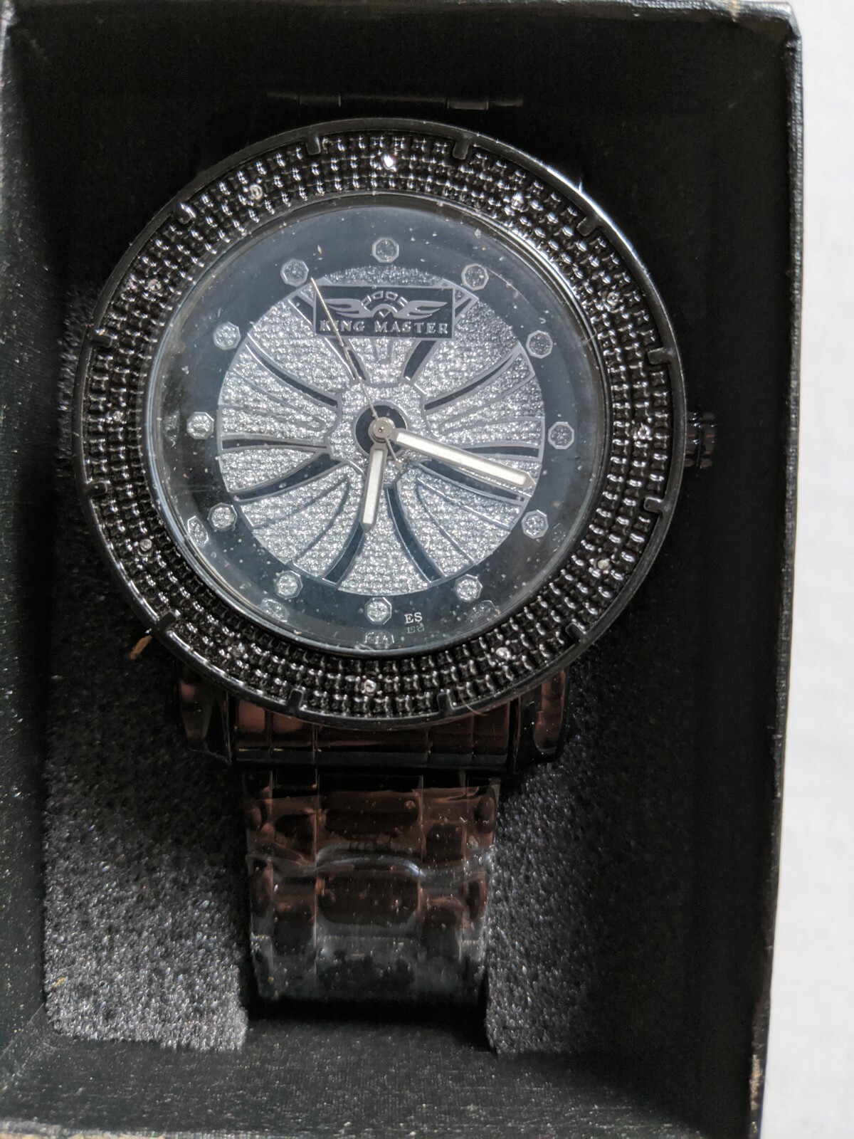 King Master Men’s Black Diamond Watch 0.12ct Bezel Stainless Steel Quartz 50mm