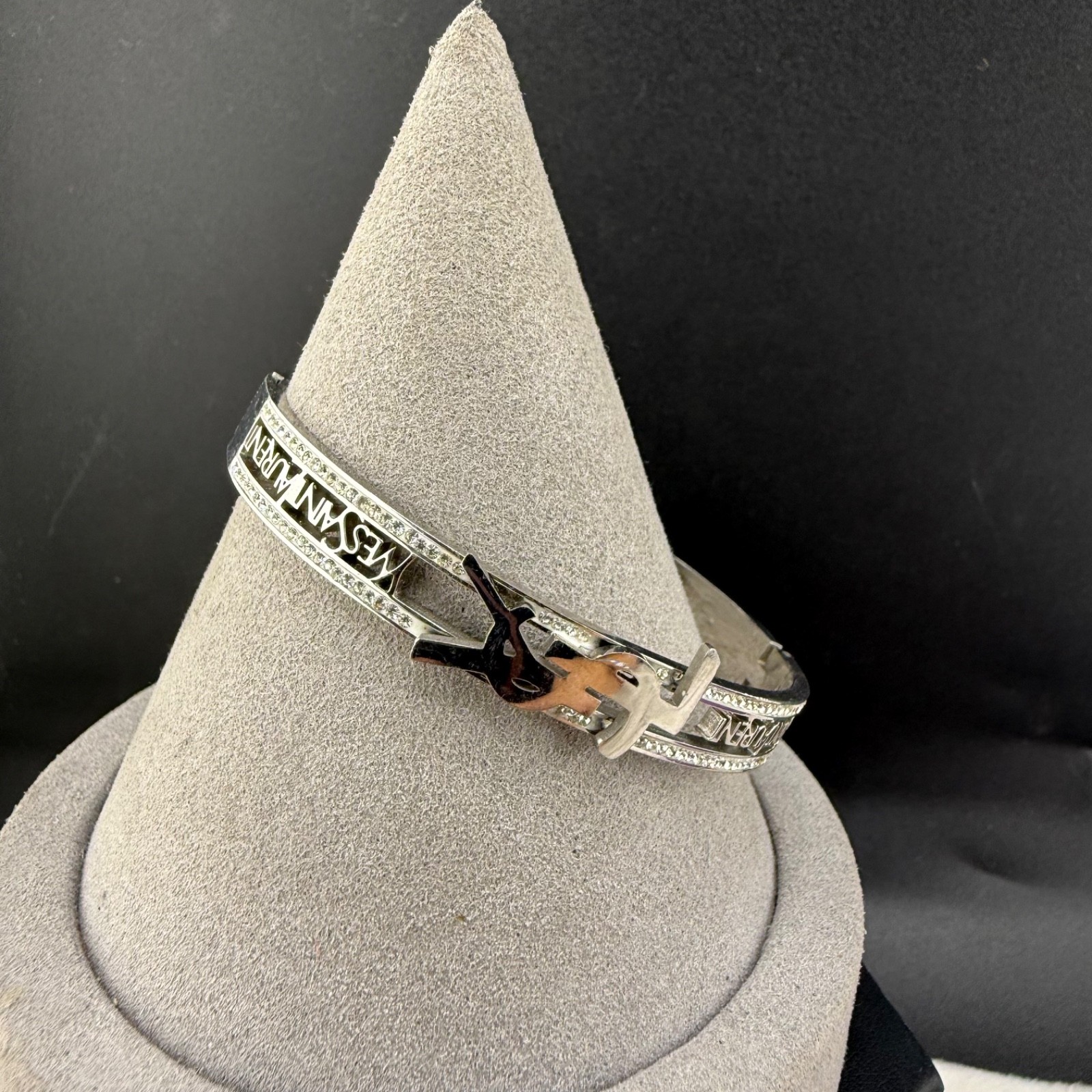 Vintage YSL Yves Saint Laurent Bangle Bracelet Silver Tone Rhinestone 6.5”