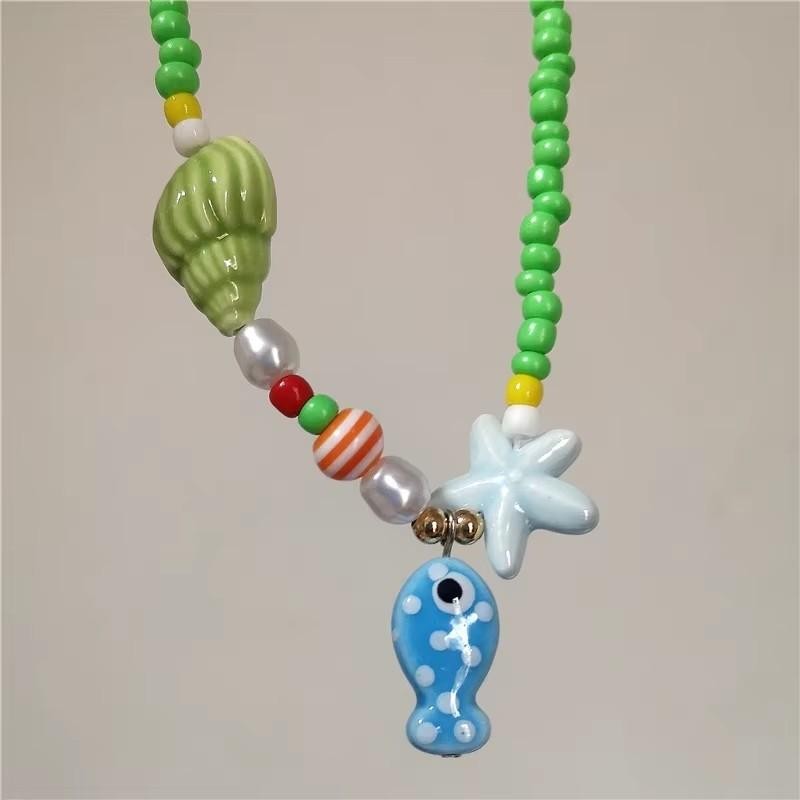 Ocean Ceramic Fish Shell Starfish Rope Necklace Bohemian Beach Jewelry Gift