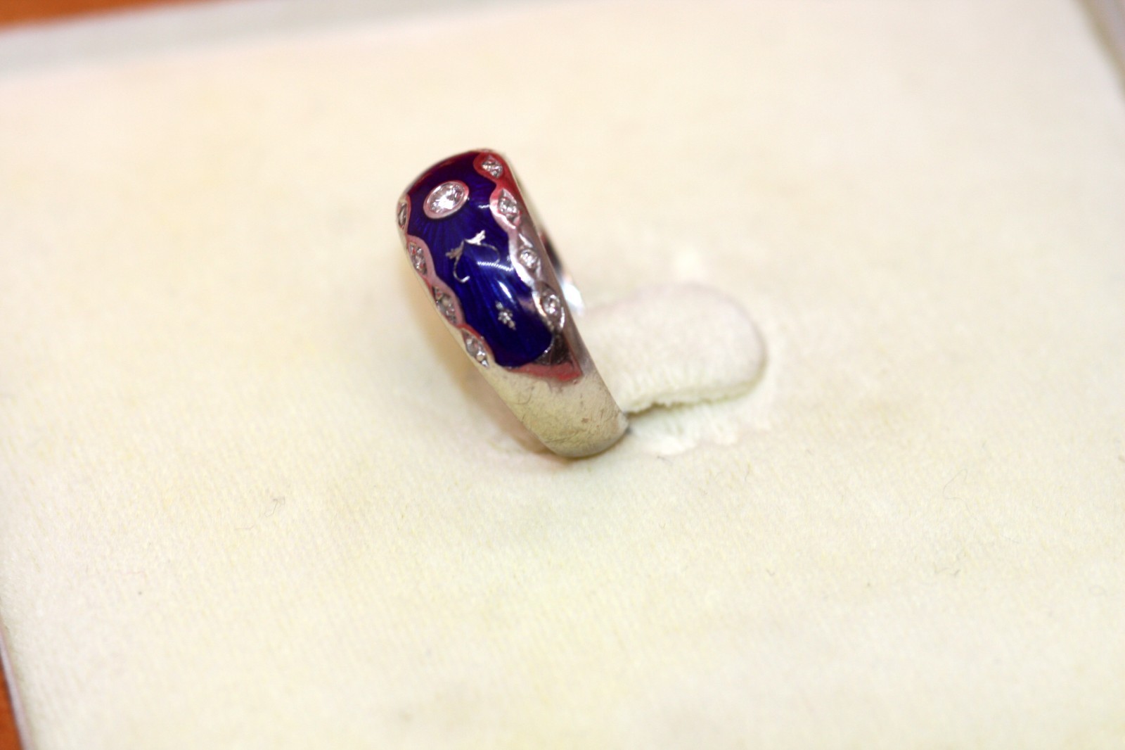 Faberge Diamond 0.17ct 18k White Gold Blue Enamel Ring US 7.5 Lmtd. 300pc W/Box