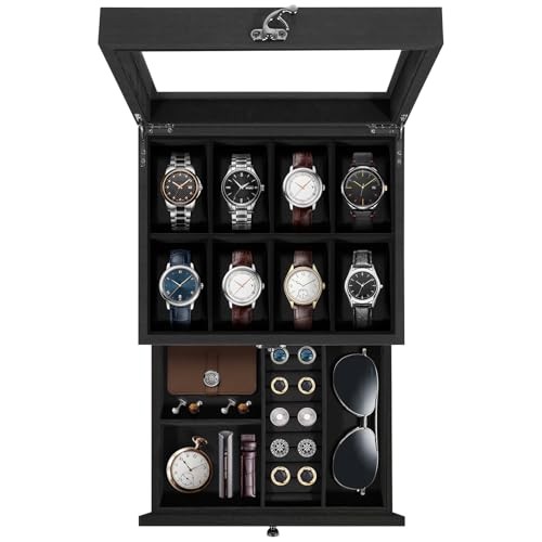 8-Slot Watch Box, 2-Layers Solid Wood Watch Display Case 2-layer 8 Slots Black