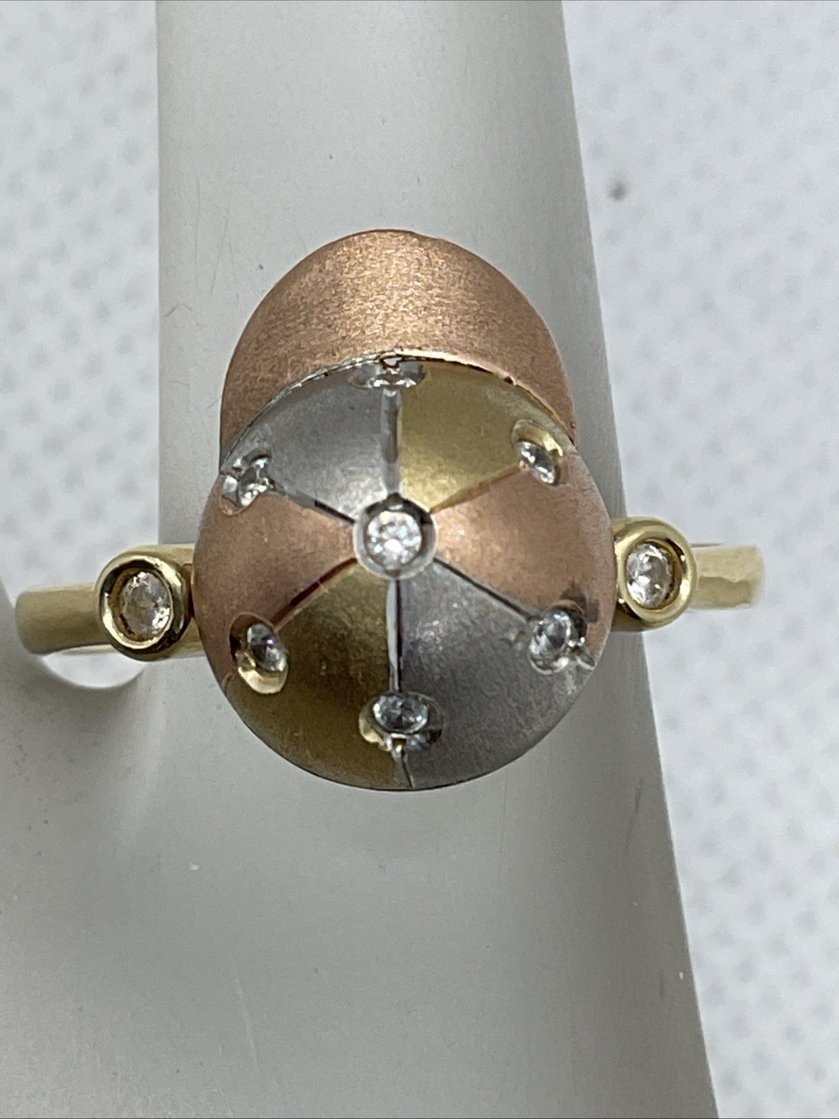 HANDMADE Solid 14K Tricolor Gold White CZ DOME Style ROTATING BASEBALL CAP Ring