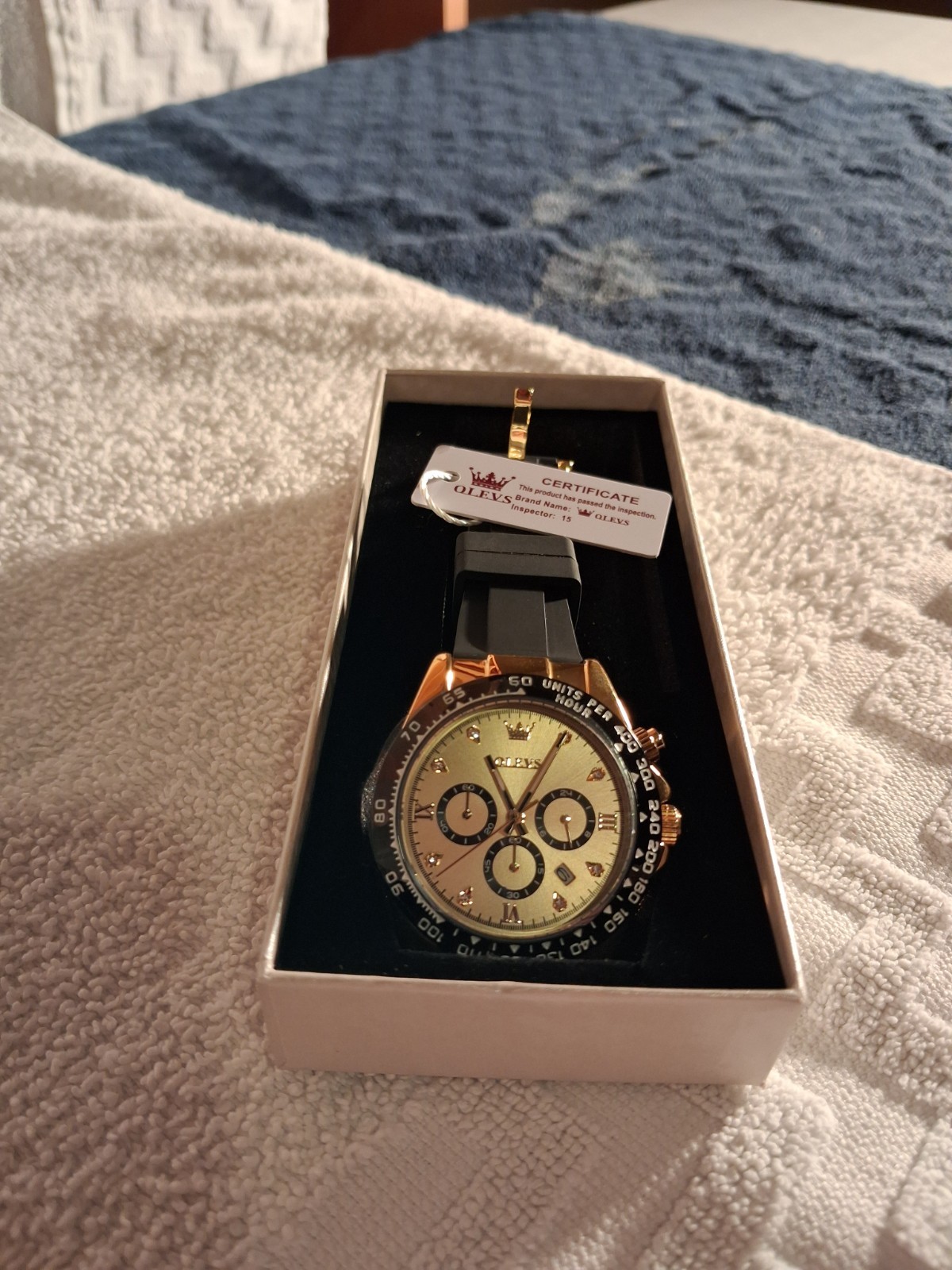 OLEVS Men’s Chronograph Watch Big Face Gold-Tone Black Silicone Band New Box