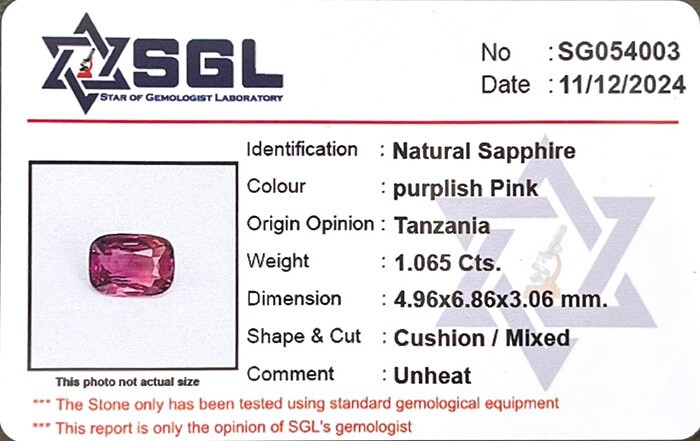 1.065CT CERTIFIED AA UNHEATED CUSHION PURPLISH PINK SAPPHIRE NATURAL