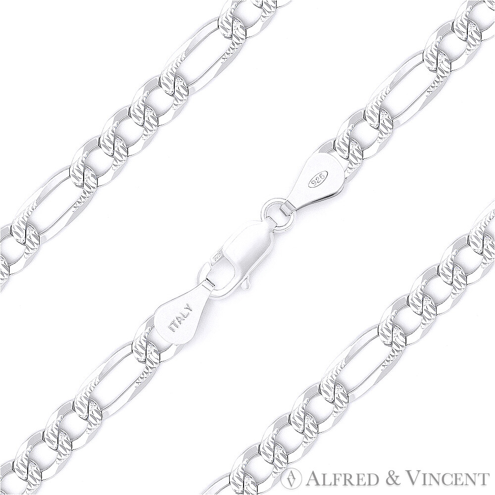 5mm Figaro Link Chain Diamond-Cut Pave Bracelet Solid .925 Italy Sterling Silver
